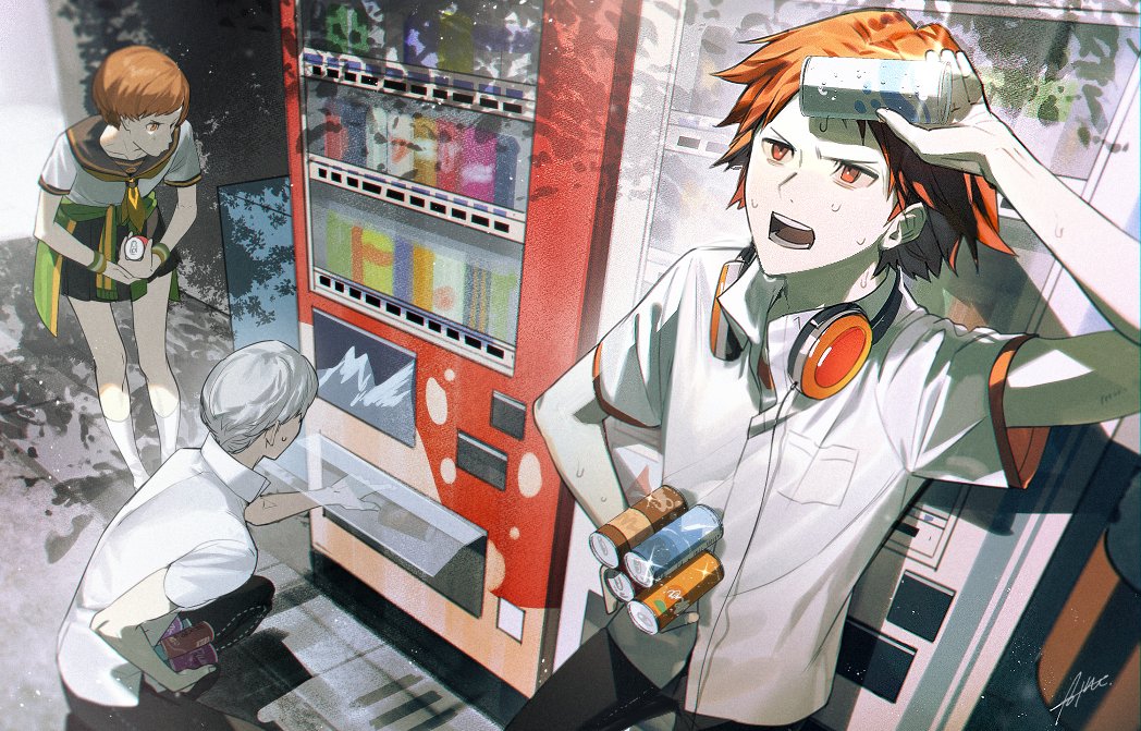 1girl, 2boys, brown_eyes, brown_hair, btmr_game, can, canned_coffee, clothes_around_waist, energy_drink, grey_hair, hanamura_yousuke, leaning_forward, multiple_boys, narukami_yuu, open_mouth, persona, persona_4, sailor_collar, satonaka_chie, school_uniform, short_hair, soda_can, squatting, standing, sweat, vending_machine, wristband, yasogami_school_uniform