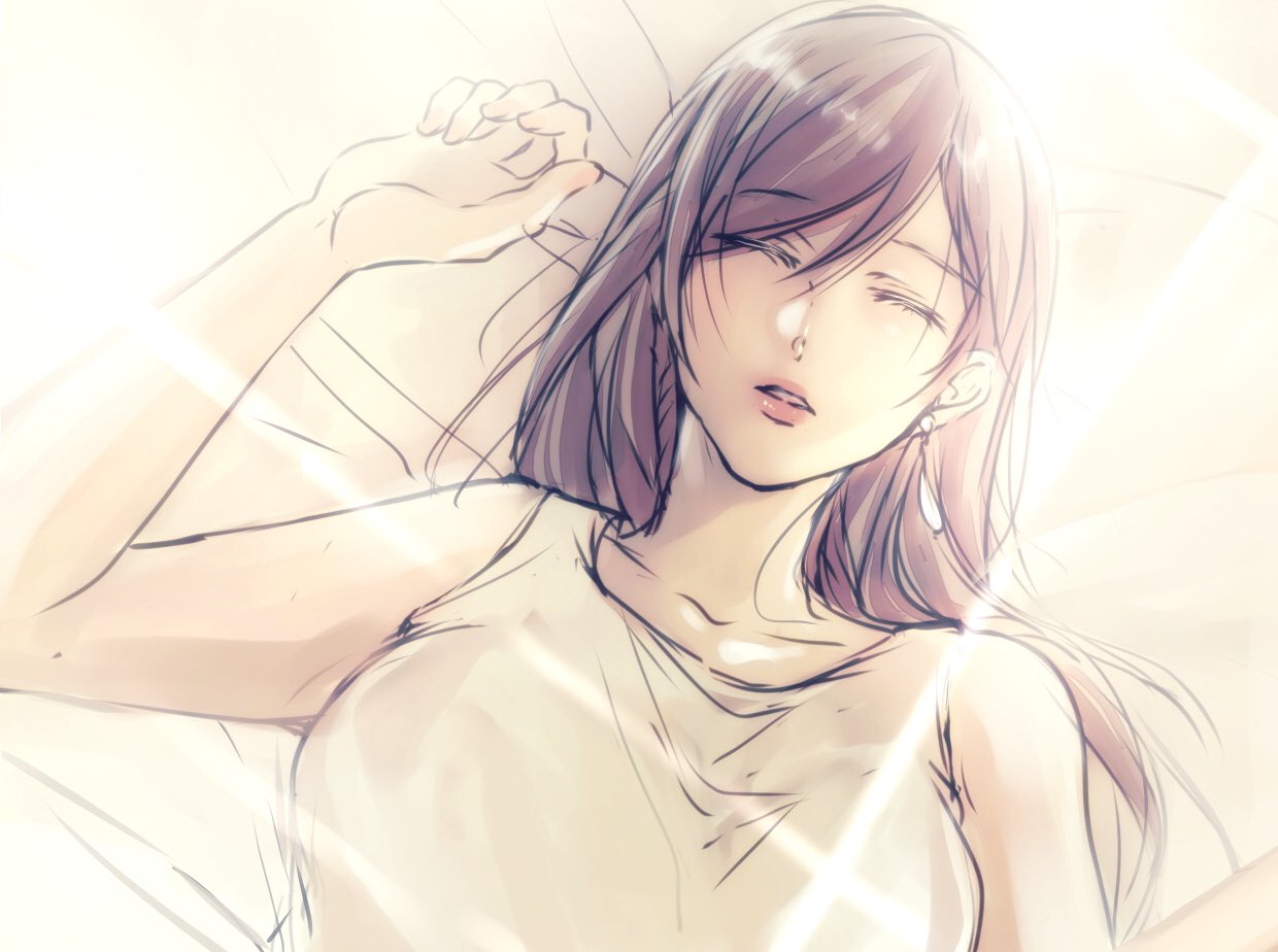 1girl, bed_sheet, black_hair, breasts, brown_hair, closed_eyes, collarbone, crop_top