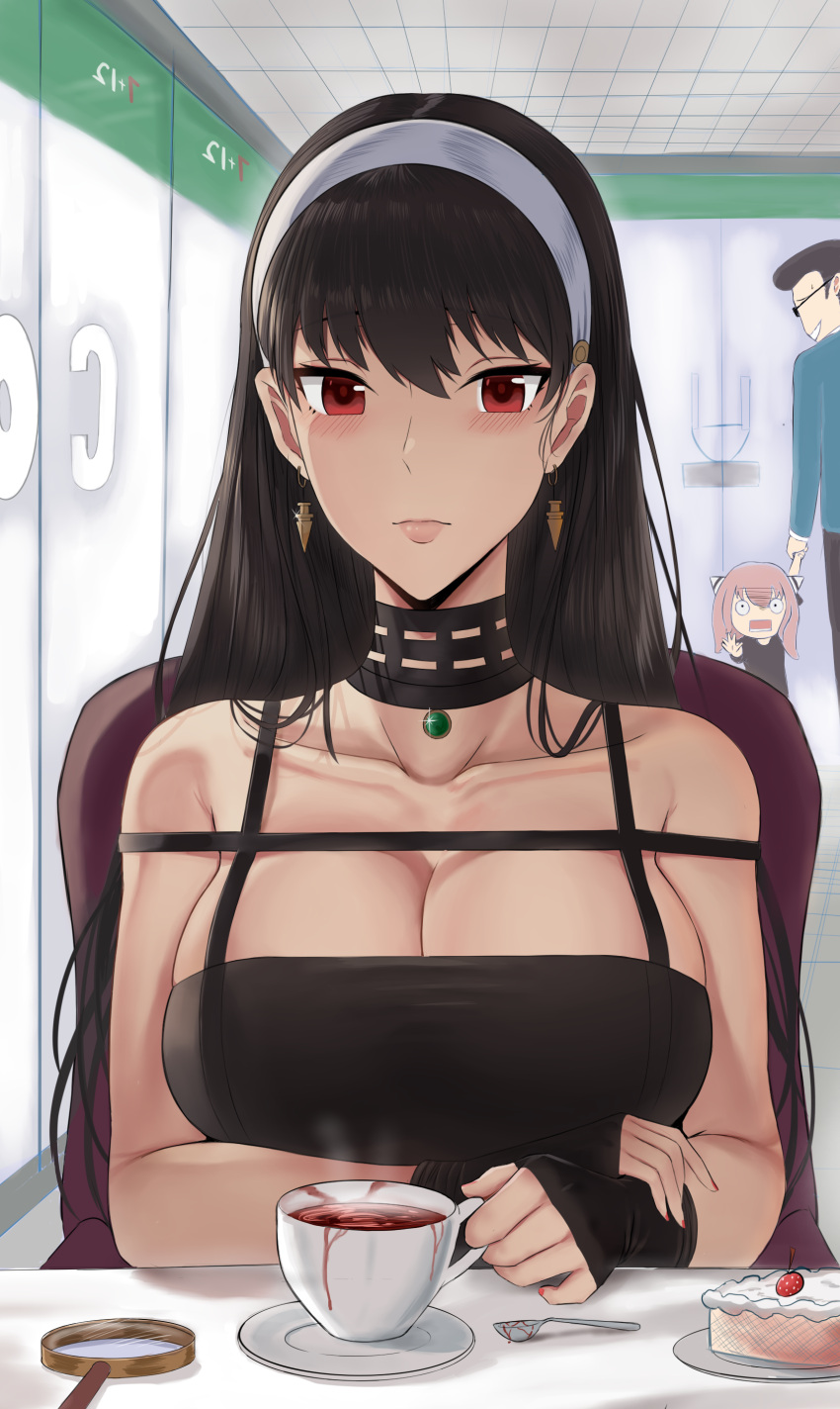 1boy, 2girls, absurdres, bangs, bare_shoulders, black_choker, black_dress, blush, breasts, cake, cake_slice, choker, closed_mouth, coffee, coffee_cup, collarbone, cup, disposable_cup, dress, earrings, english_commentary, fingerless_gloves, food, fruit, gloves, gold_earrings, hair_down, hairband, highres, i-chandraws, jewelry, large_breasts, lips, long_hair, looking_at_viewer, magnifying_glass, multiple_girls, off-shoulder_dress, off_shoulder, plate, red_eyes, solo_focus, spoon, spy_x_family, steam, straight_hair, strawberry, table, upper_body, white_hairband, yor_briar