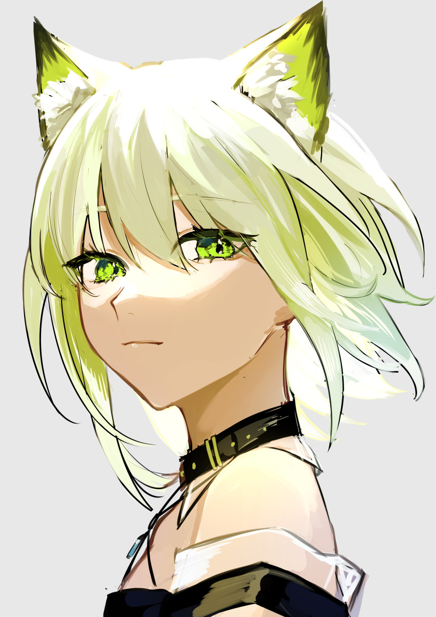 1girl, absurdres, aizuki_sui, animal_ear_fluff, animal_ears, arknights, bangs, bare_shoulders, cat_ears, closed_mouth, collar, eyebrows_visible_through_hair, from_side, green_eyes, green_hair, grey_background, highres, kal'tsit_(arknights), looking_at_viewer, looking_to_the_side, portrait, short_hair, simple_background, solo