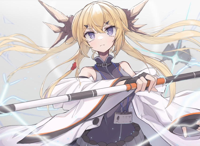 1girl, arknights, bare_shoulders, belt, black_dress, black_gloves, blonde_hair, blush