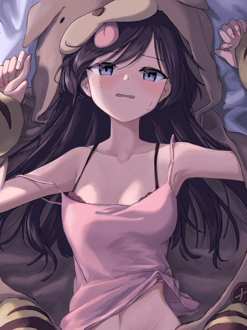 2girls, absurdres, bed, bed_sheet, black_hair, blush, bra, breasts