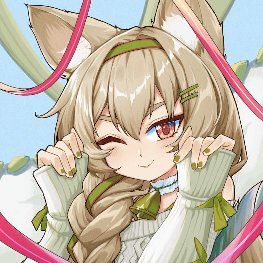 1girl, ;), absurdres, arknights, beanstalk_(arknights), beanstalk_(gift_uncompleted)_(arknights), bell, brown_hair