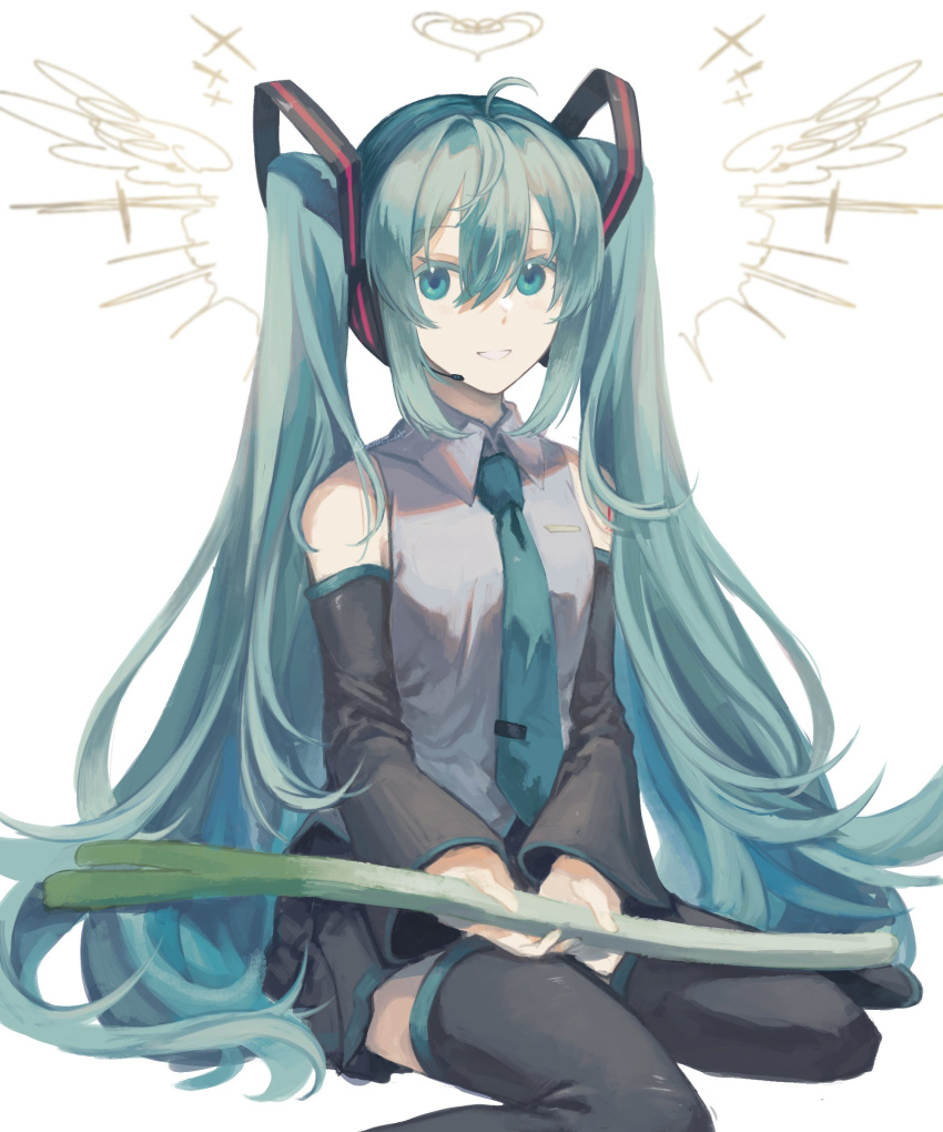 1girl, absurdres, aqua_eyes, aqua_hair, bangs, bare_shoulders, blue_necktie, detached_sleeves