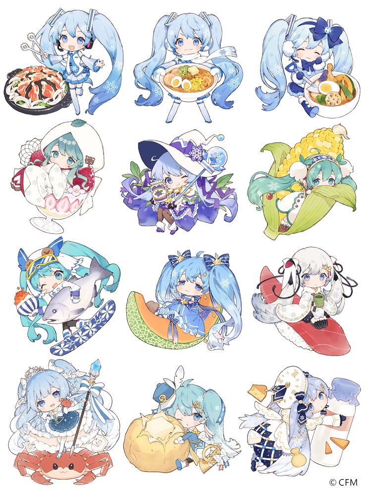 6+girls, :3, ahoge, angel_wings, animal_on_shoulder, aqua_eyes, aqua_hair, baked_potato