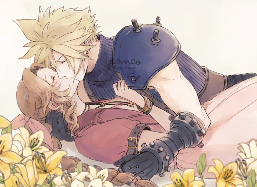 1boy, 1girl, aerith_gainsborough, ancotsubu, armor, bangs, belt, blonde_hair