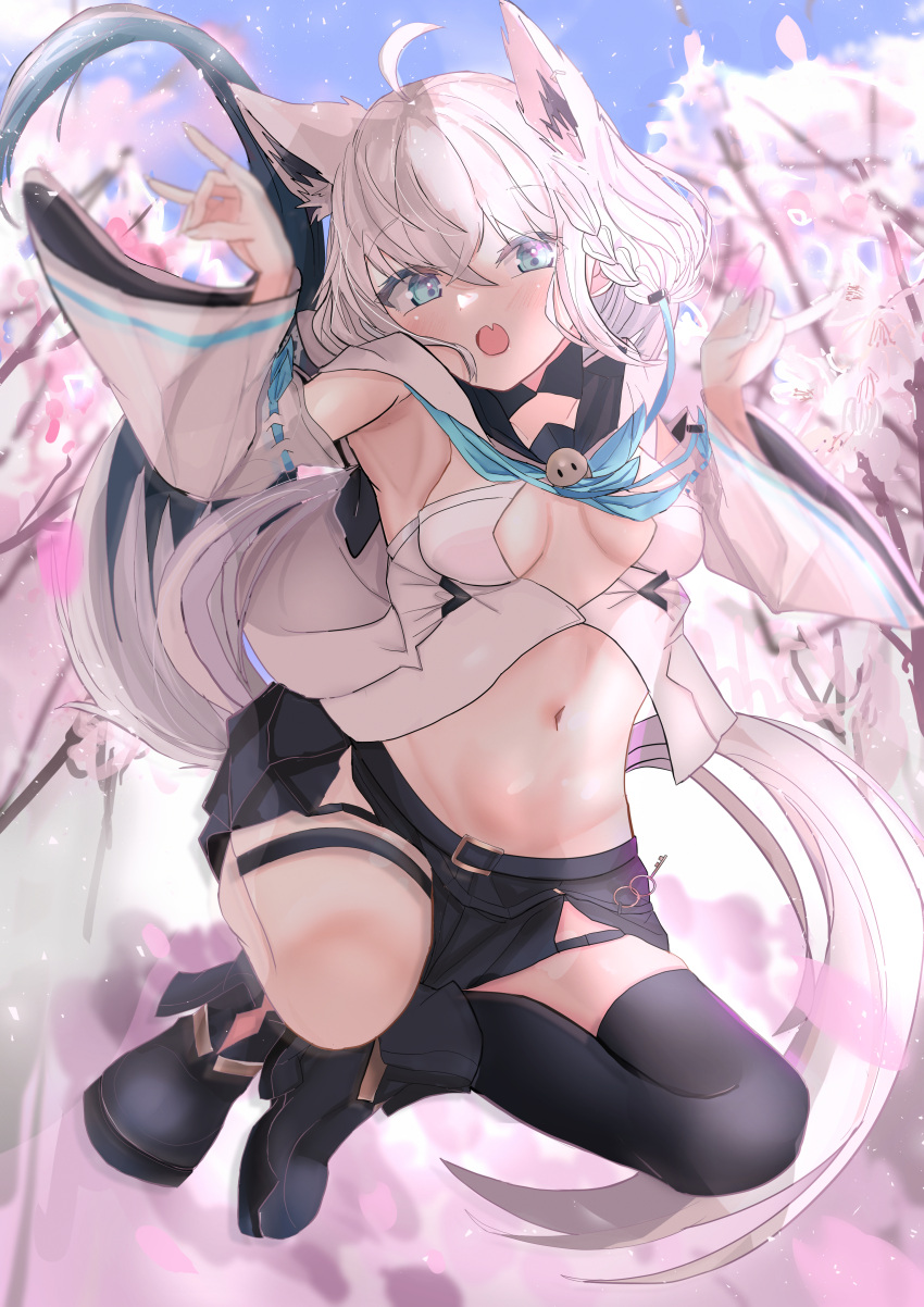 1girl, absurdres, ahoge, animal_ear_fluff, animal_ears, armpits, bangs, black_footwear