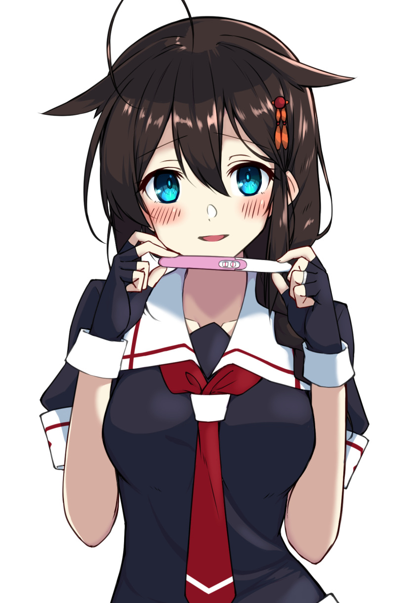 1girl, ahoge, black_gloves, blue_eyes, blush, braid, brown_hair, commentary_request