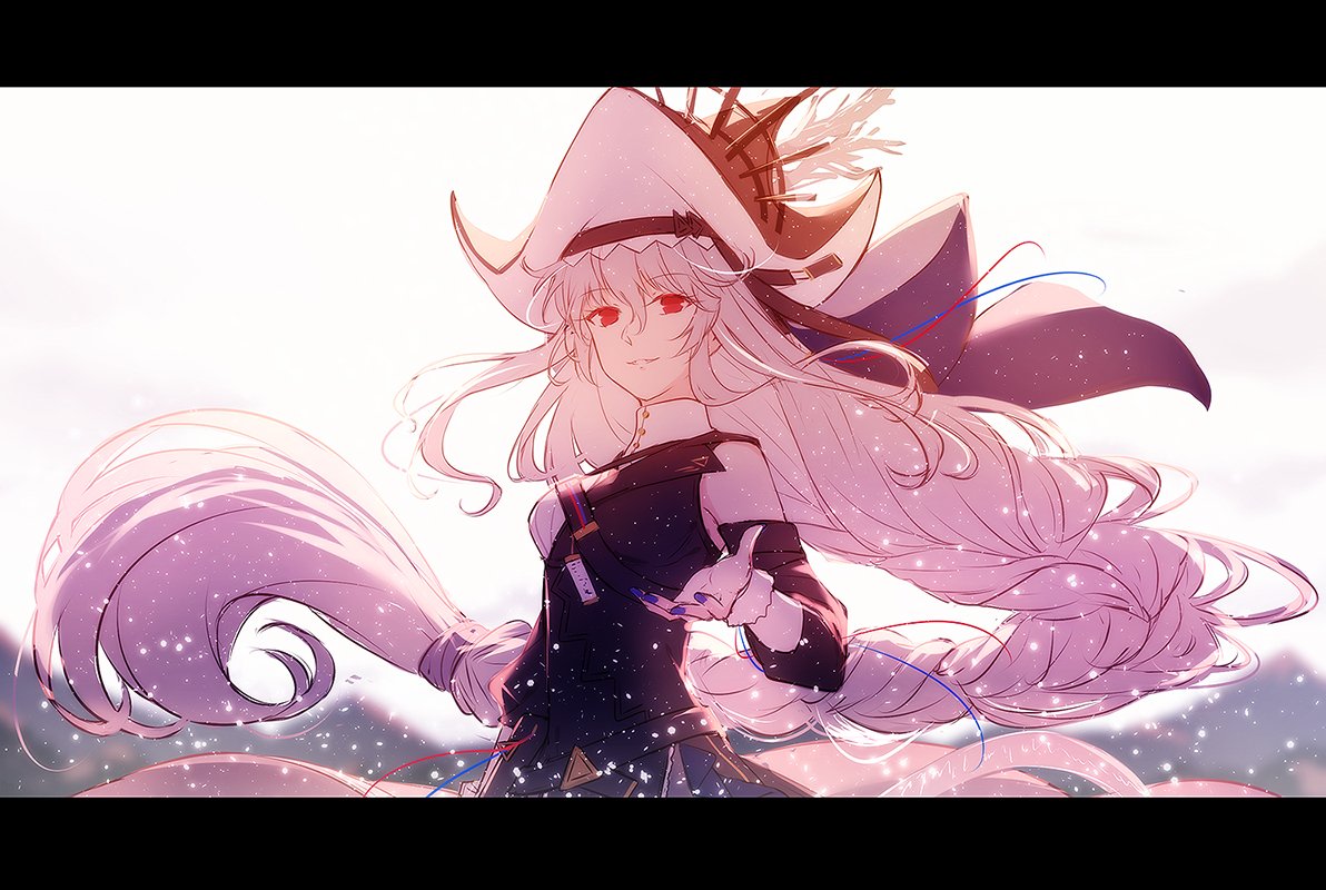 1girl, arknights, backlighting, bangs, bare_shoulders, black_dress, black_headwear, blue_nails, braid, breasts, cang_(iphis233), commentary, cowboy_shot, detached_sleeves, dress, english_commentary, eyebrows_visible_through_hair, floating_hair, grey_hair, hair_between_eyes, hat, letterboxed, light_particles, long_hair, long_sleeves, looking_at_viewer, medium_breasts, nail_polish, open_mouth, outstretched_hand, parted_lips, red_eyes, simple_background, single_braid, solo, specter_(arknights), specter_the_unchained_(arknights), very_long_hair, white_background