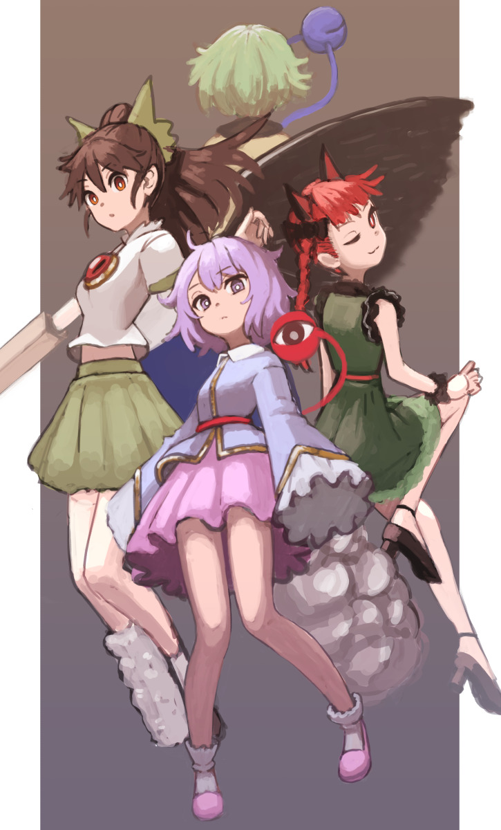 4girls, :3, :|, ;3, animal_ears, arm_cannon, black_bow, black_footwear