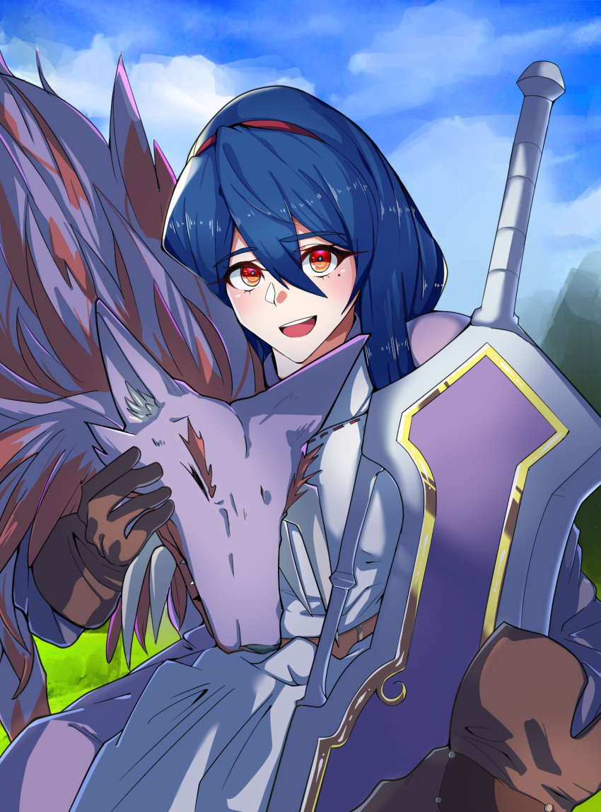 1girl, anastasia_valeria, armor, armored_dress, belt, blue_hair, brown_eyes, brown_gloves, gloves, hairband, highres, long_hair, looking_at_viewer, luceid_(wild_arms), mole, open_mouth, red_hairband, smile, sword, weapon, wild_arms, wild_arms_2