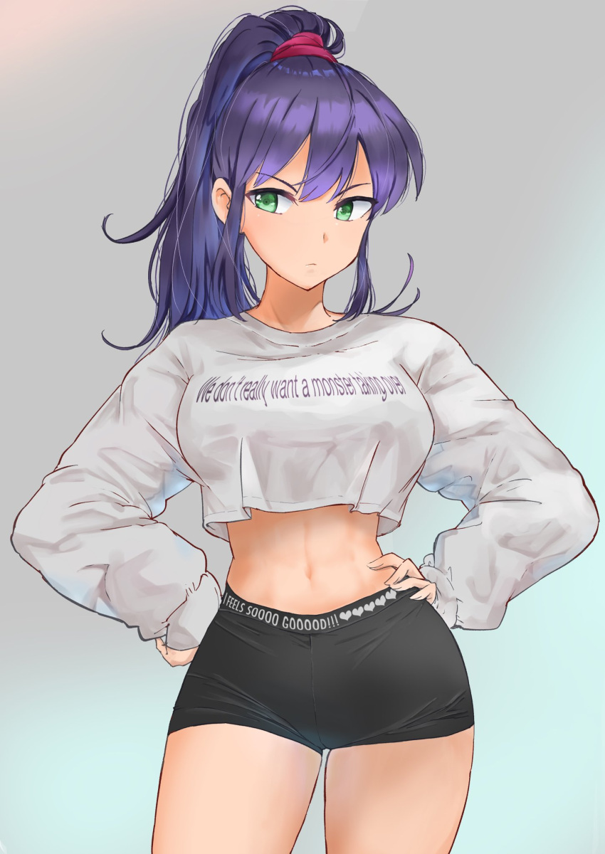 1girl, abs, black_hair, bloomers, breasts, buruma, eyebrows_visible_through_hair, green_eyes, hand_on_hip, highres, kajino_(aosansai), long_hair, medium_breasts, midriff, muscular, muscular_female, navel, ponytail, sasaki_fuuka, solo, stomach, underwear, watashi_ga_motenai_no_wa_dou_kangaetemo_omaera_ga_warui!
