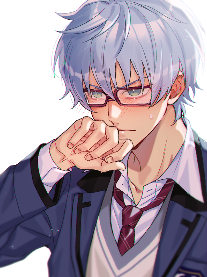 1boy, aqua_eyes, bangs, blazer, blue_eyes, blue_hair, blue_jacket, blush, closed_mouth, collared_shirt, covering_mouth, ear_blush, embarrassed, fingernails, habataki_academy_uniform, hand_over_own_mouth, hand_up, himuro_inori, jacket, long_sleeves, looking_afar, male_focus, matumanda, necktie, nose_blush, red_necktie, school_uniform, shirt, short_hair, simple_background, solo, sweat, sweater_vest, tokimeki_memorial, tokimeki_memorial_girl's_side_4th_heart, upper_body, white_background, white_shirt