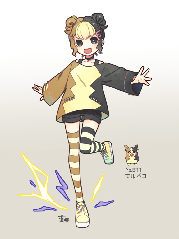 1girl, :d, aona_(noraneko), asymmetrical_legwear, bangs, black_hair, blonde_hair, brown_hair