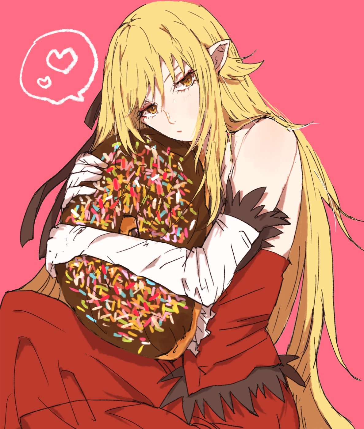 1girl, bakemonogatari, bangs, blonde_hair, closed_mouth, doughnut, dress, elbow_gloves