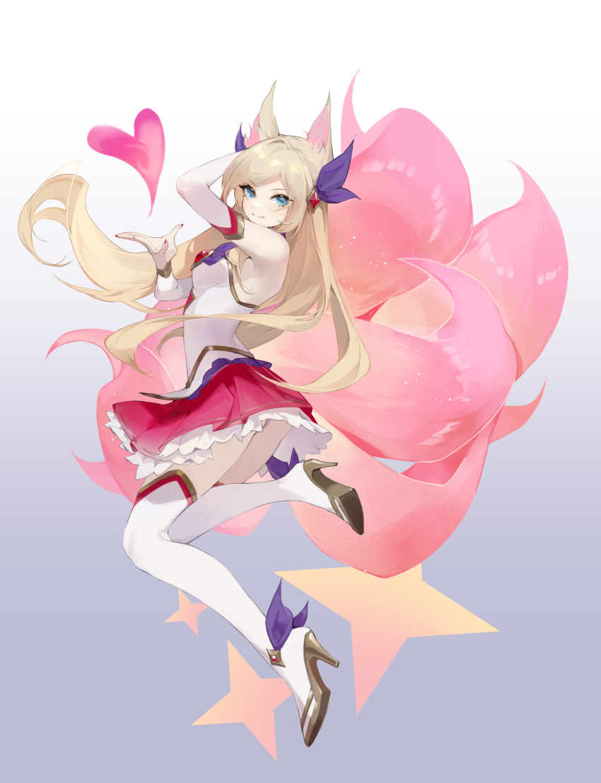 1girl, absurdres, ahri, ahri_(league_of_legends), animal_ears, asami_okutoshioku, bangs, bare_shoulders, blonde_hair, blue_eyes, breasts, detached_sleeves, fox_ears, frilled_skirt, frills, from_side, gradient, gradient_background, hair_ornament, hand_up, heart, high_heels, highres, league_of_legends, long_hair, looking_at_viewer, multicolored_tail, official_alternate_costume, pink_tail, red_skirt, shiny, shiny_hair, shirt, skirt, smile, solo, star_guardian_(league_of_legends), star_guardian_ahri, tail, thigh-highs, vastaya, white_legwear, white_shirt