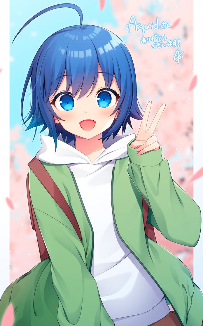 1girl, :d, ahoge, backpack, bag, blue_eyes, blue_hair, blurry