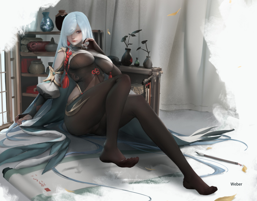 1girl, absurdres, artist_name, bamboo_scroll, black_bodysuit, black_gloves, blanket, blue_hair