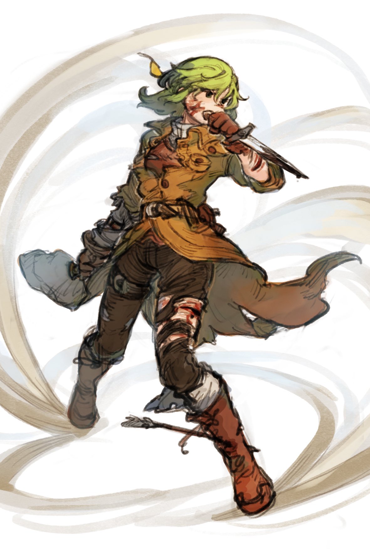 1girl, arrow_(projectile), arrow_in_body, bangs, belt_pouch, black_pants, blood, blood_on_arm