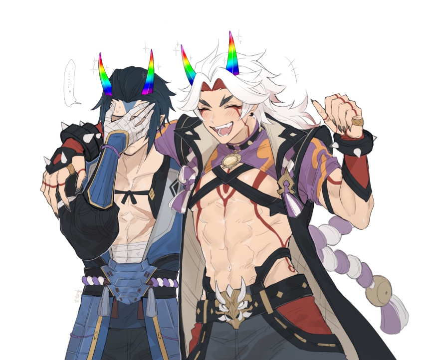 2boys, arataki_itto, armor, bandaged_arm, bandages, belt, black_hair, black_nails