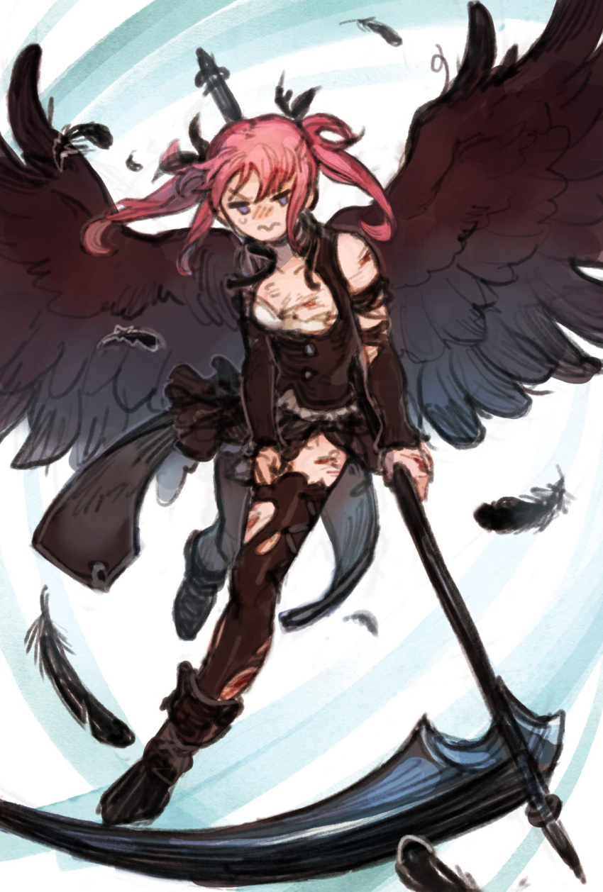 1girl, bangs, bare_shoulders, black_angel_(elona), black_dress, black_footwear, black_legwear, black_ribbon
