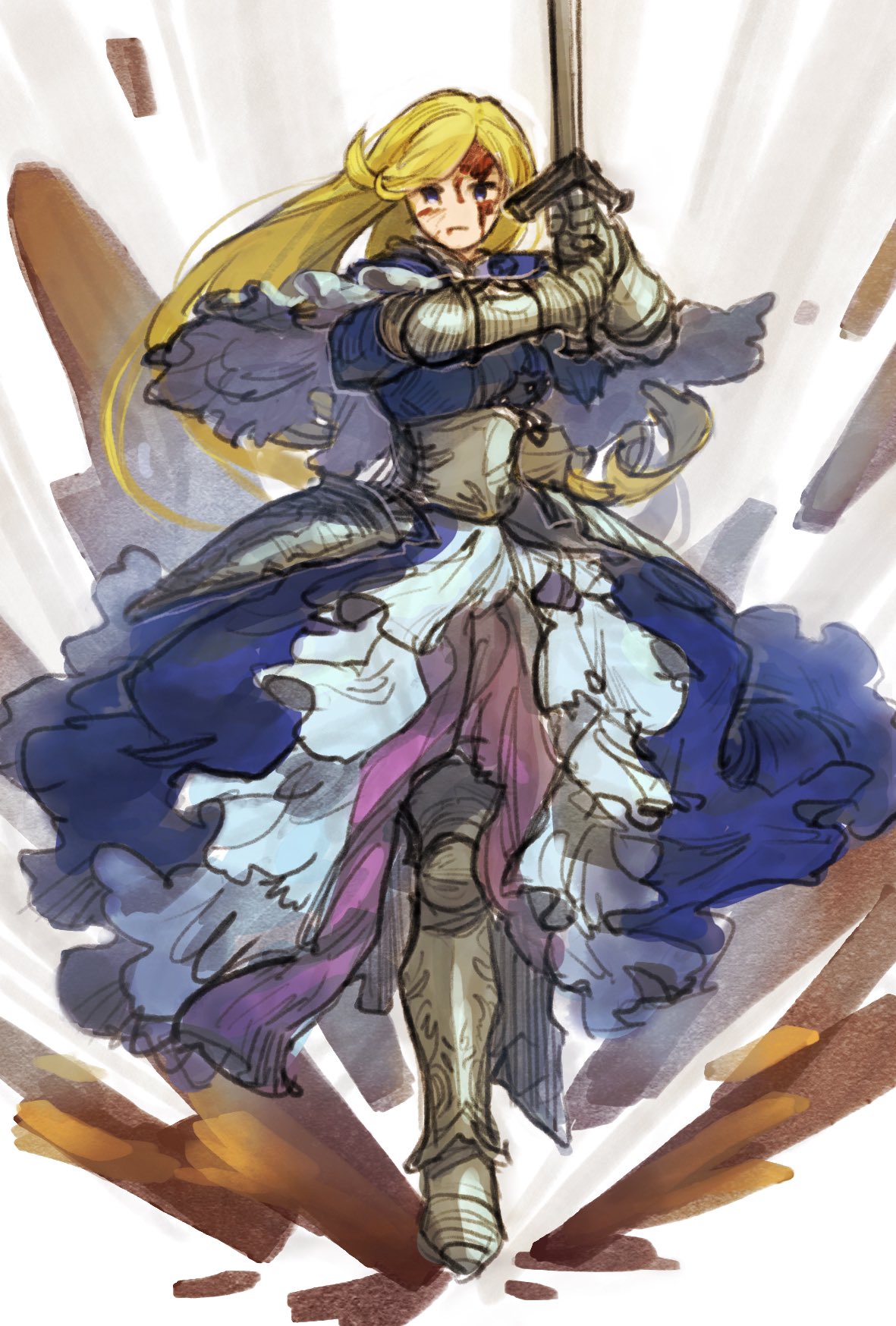 1girl, armor, armored_boots, armored_dress, blonde_hair, blood, blood_on_face, blue_capelet