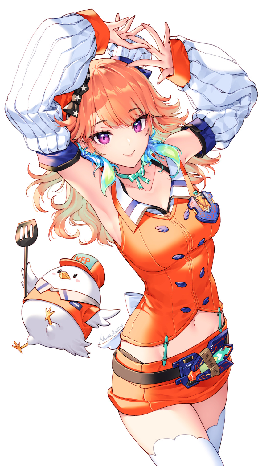 1girl, aqua_bow, aqua_choker, armpits, arms_up, bangs, belt, bird