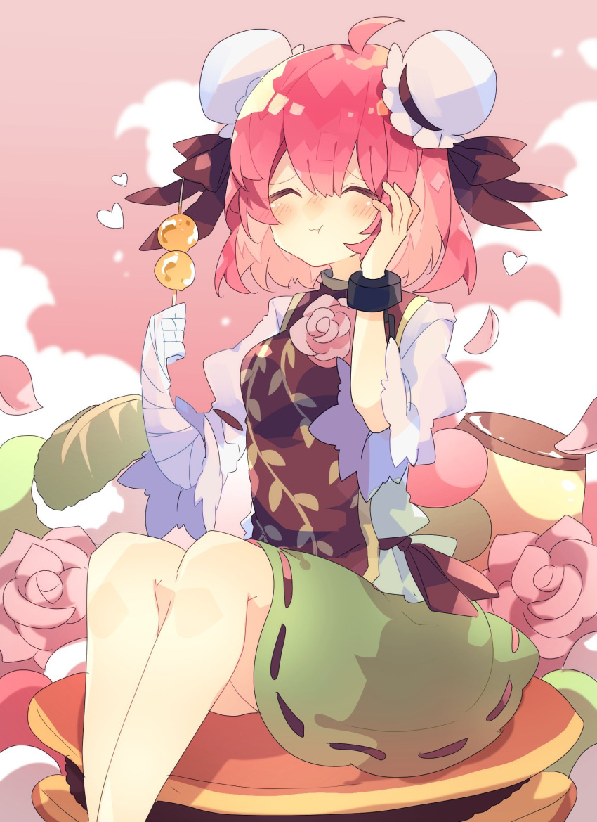 1girl, ^_^, ahoge, bandaged_arm, bandages, brown_ribbon, brown_tabard, bun_cover