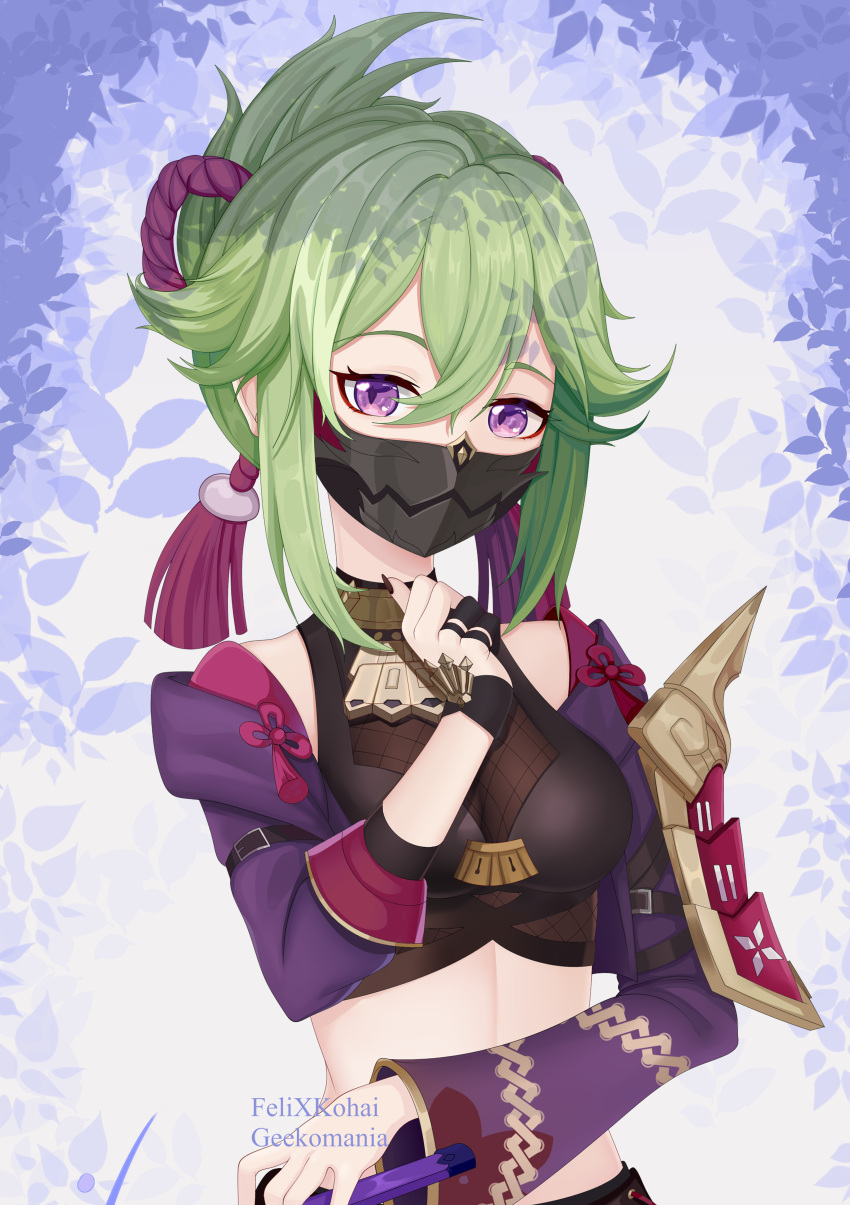 1girl, absurdres, black_shirt, breasts, crop_top, cropped_jacket, felixkohai, folded_ponytail
