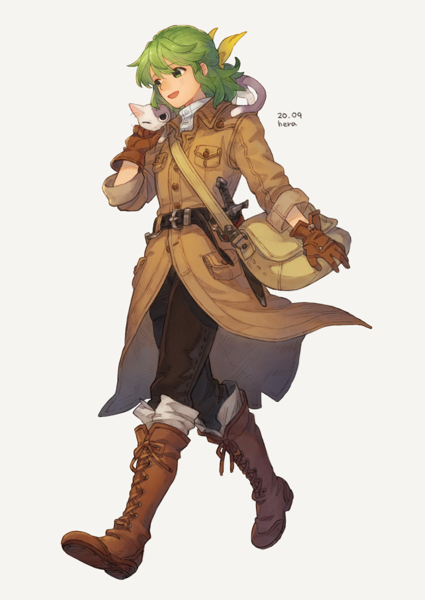 1girl, animal, animal_on_shoulder, arm_at_side, artist_name, bangs, belt, black_pants, boots, breast_pocket, brown_coat, brown_footwear, brown_gloves, cat, cat_on_shoulder, coat, collared_shirt, commentary_request, cross-laced_footwear, dated, full_body, gloves, green_eyes, green_hair, hair_ribbon, half_updo, hand_up, herayoshi, highres, kiki_(herayoshi), knee_boots, lace-up_boots, long_sleeves, looking_away, one_eye_closed, original, pants, pants_tucked_in, petting, pocket, redrawn, ribbon, shirt, short_hair, short_sword, simple_background, sleeves_folded_up, sword, turtleneck, walking, weapon, white_shirt, yellow_ribbon