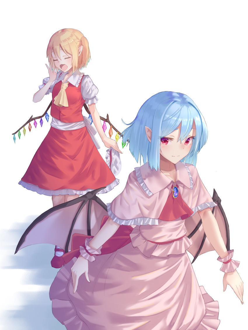 2girls, absurdres, arm_up, ascot, bangs, bat_wings, blonde_hair, blue_gemstone