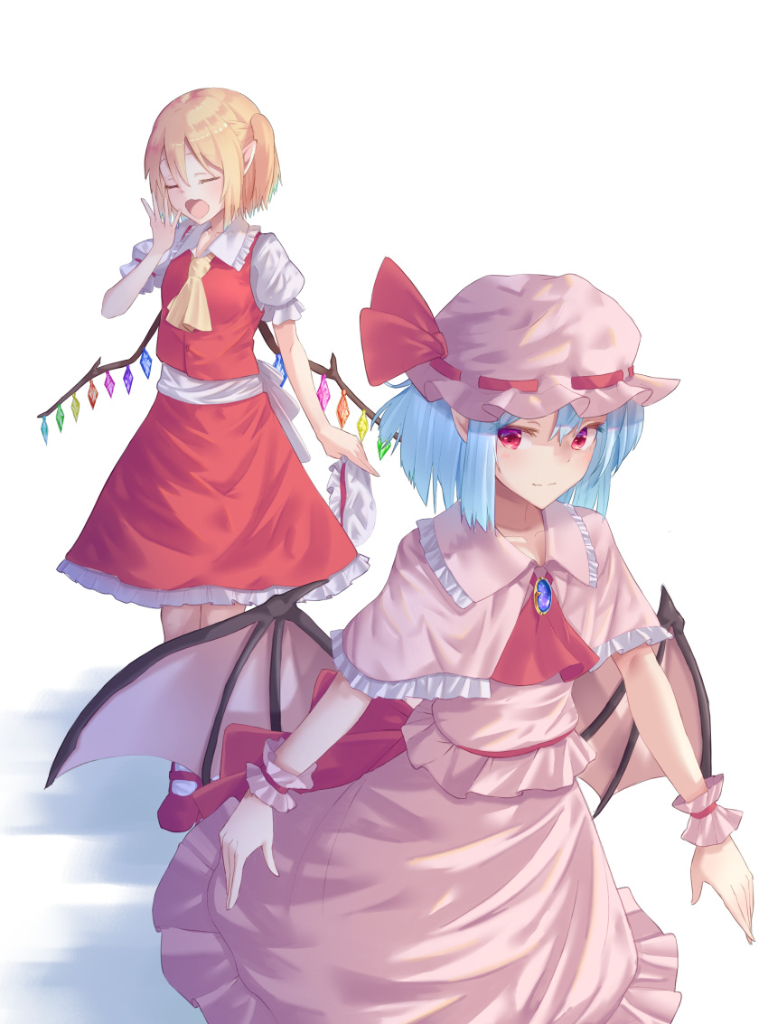 2girls, absurdres, arm_up, ascot, bangs, bat_wings, blonde_hair, blue_gemstone