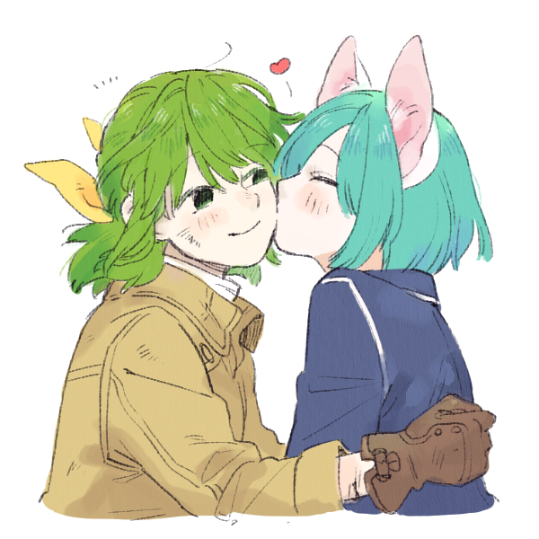 2girls, ^_^, animal_ears, aqua_hair, bangs, blonde_hair, blush, bob_cut