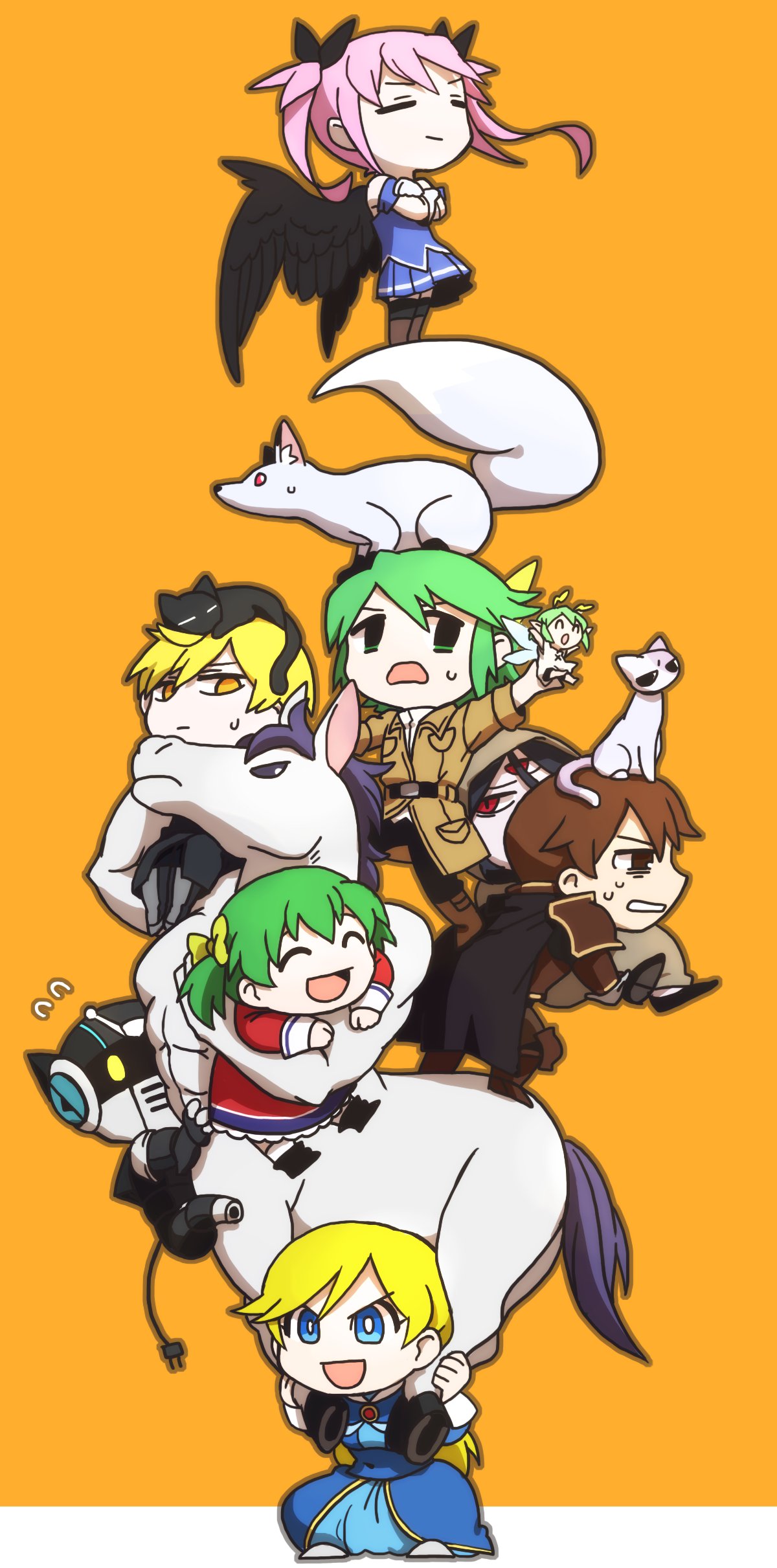 3boys, 5girls, :d, abs, absurdres, android_(elona), animal, animal_on_head