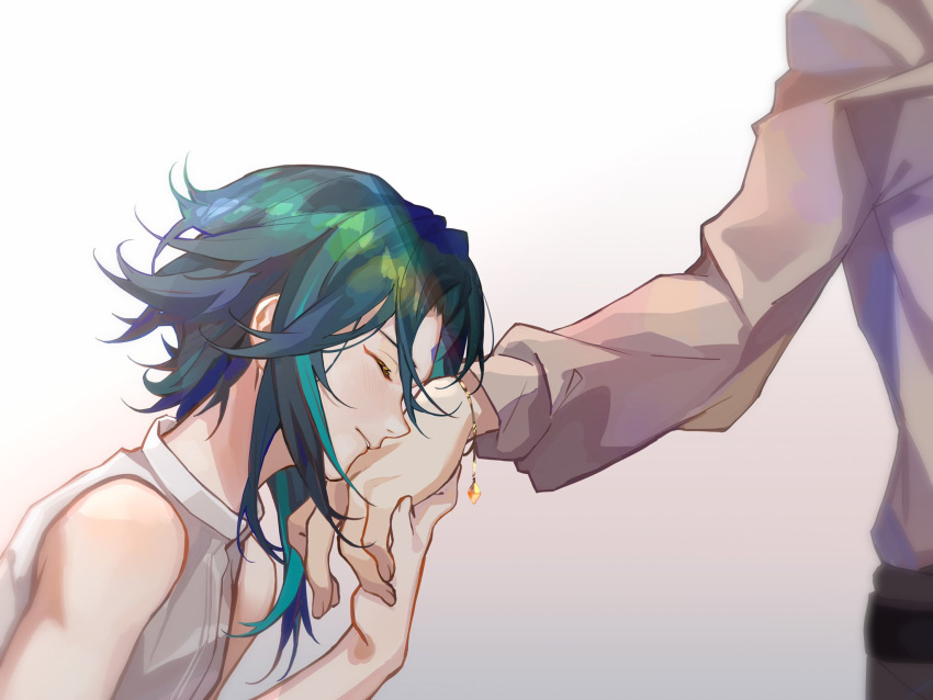 2boys, bangs, closed_eyes, closed_mouth, commentary, dark_blue_hair, facial_mark, fingernails