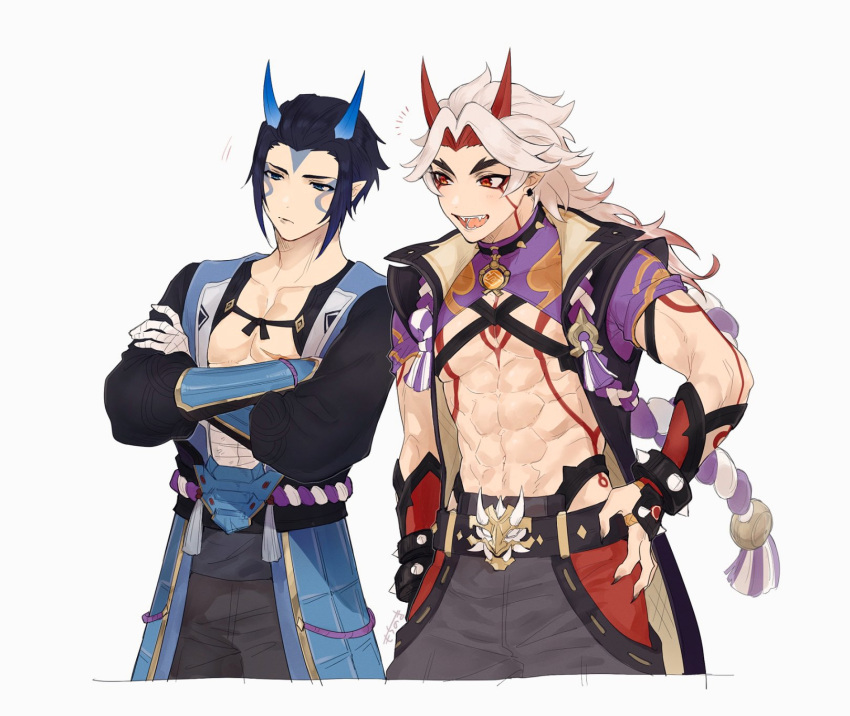 2boys, arataki_itto, armor, belt, black_hair, black_nails, blue_eyes, blue_horns