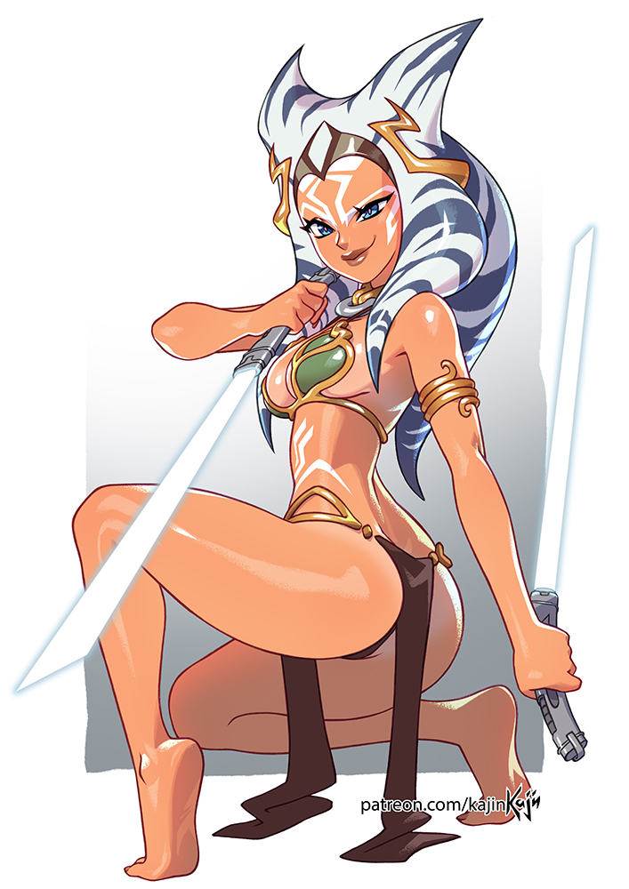1girl, ahsoka_tano, alien, armlet, artist_name, ass, bare_shoulders, blue_eyes