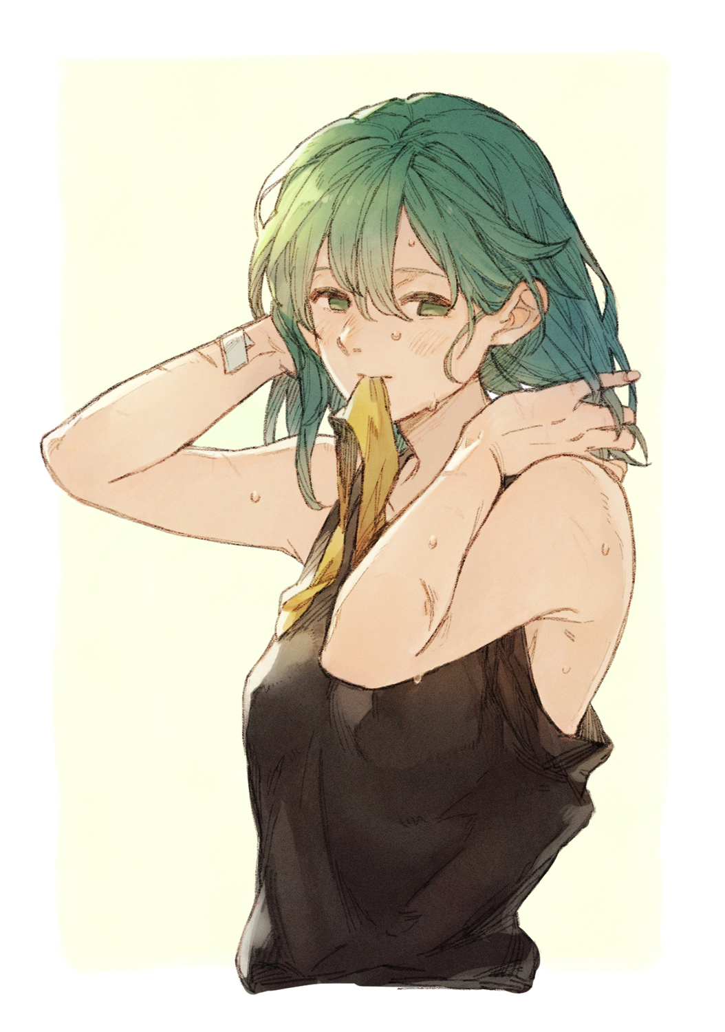 1girl, arms_behind_head, bandaid, bandaid_on_arm, bangs, bare_shoulders, breasts, cropped_torso, green_eyes, green_hair, hair_between_eyes, hair_down, hands_in_hair, hands_up, herayoshi, highres, kiki_(herayoshi), light_smile, mouth_hold, original, oversized_clothes, ribbon, ribbon_in_mouth, scar, scar_on_arm, short_hair, simple_background, sleeveless, solo, tank_top, tying_hair, wet, yellow_background, yellow_ribbon