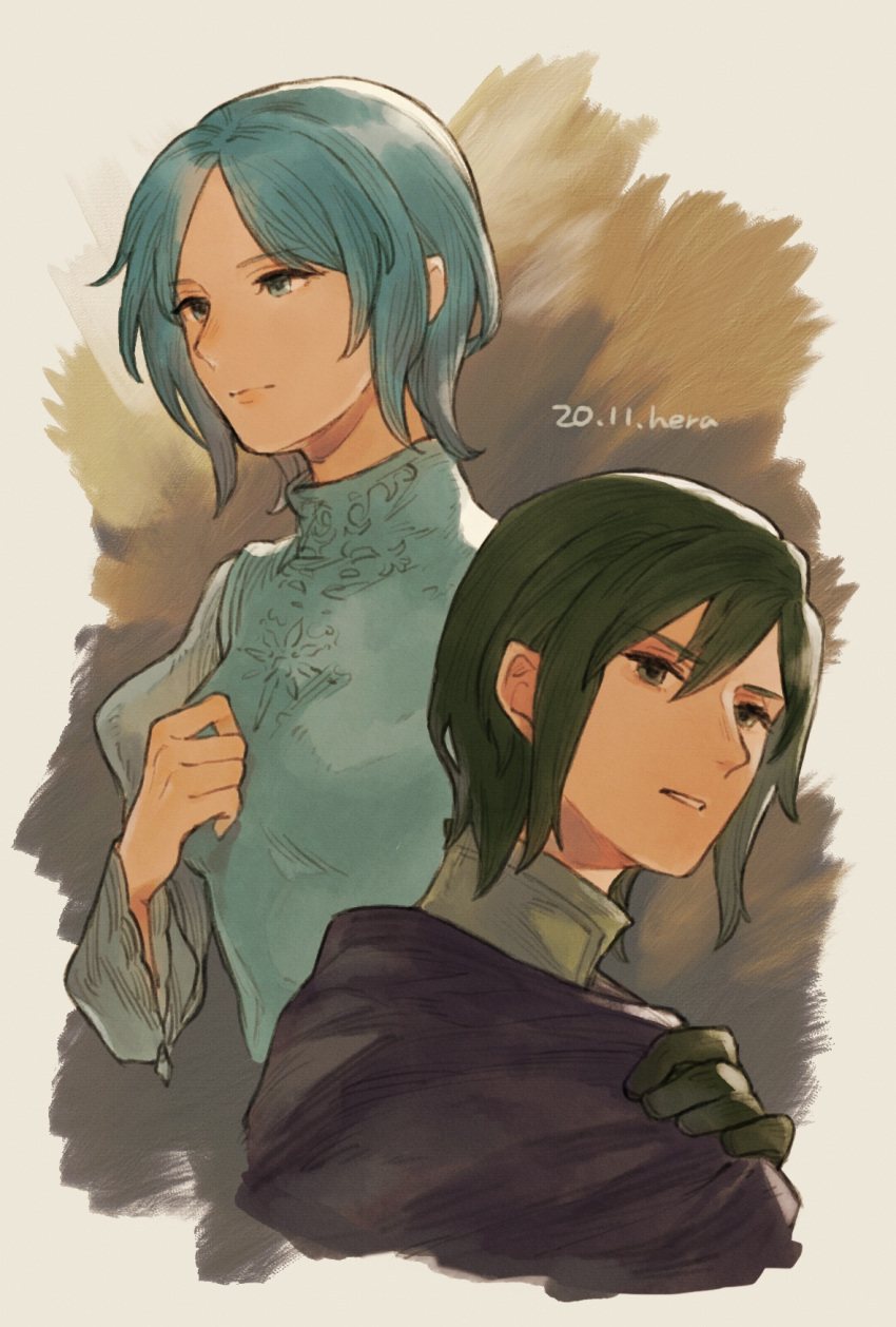 1boy, 1girl, artist_name, blue_dress, blue_eyes, blue_hair, breasts, brown_background, cloak, clothes_grab, dated, dress, elf, elona, gloves, green_eyes, green_gloves, green_hair, hand_on_own_chest, hand_up, herayoshi, highres, inset, juliet_sleeves, larnneire, lomias_(elona), long_sleeves, looking_afar, looking_away, pointy_ears, puffy_sleeves, turtleneck, upper_body