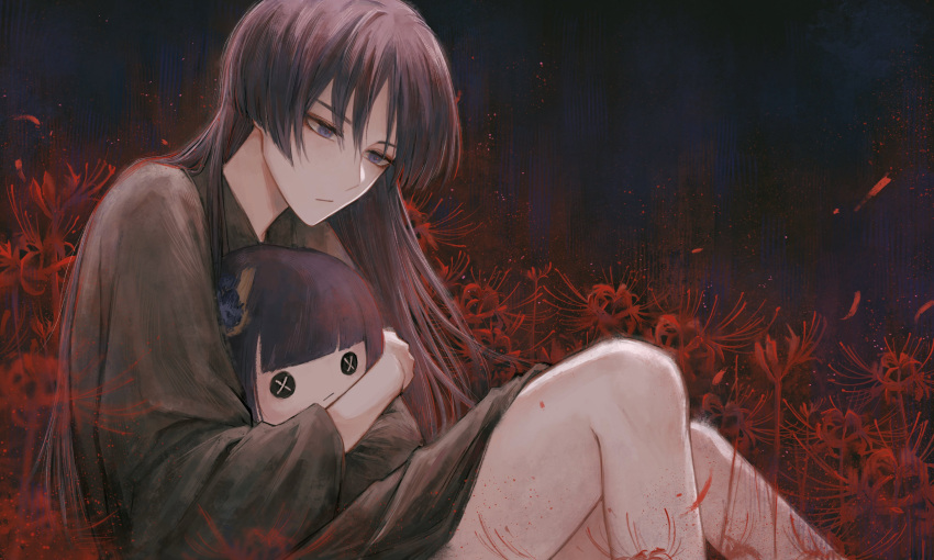 1boy, :/, absurdres, bangs, black_kimono, character_doll, commentary, dark_background, doll_hug, empty_eyes, expressionless, flower, genshin_impact, highres, japanese_clothes, kimono, lanlanxw, long_hair, long_sleeves, object_hug, purple_hair, raiden_shogun, scaramouche_(genshin_impact), sitting, solo, spider_lily, violet_eyes