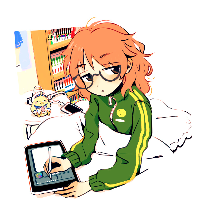 1girl, :<, araki_hina, arm_rest, bangs, bedroom, black-framed_eyewear, blending