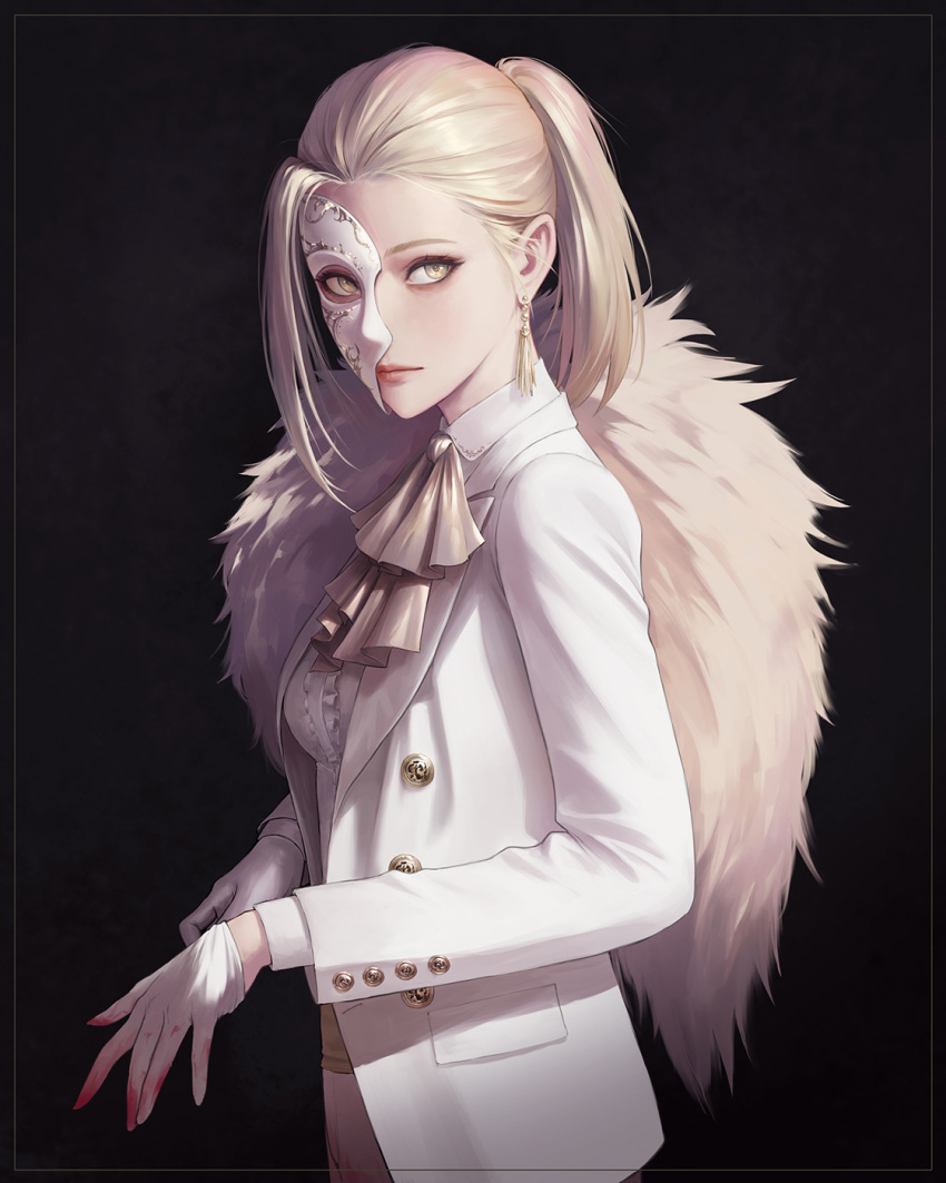 1girl, ascot, black_background, blonde_hair, blood_on_gloves, collared_shirt, commentary, earrings