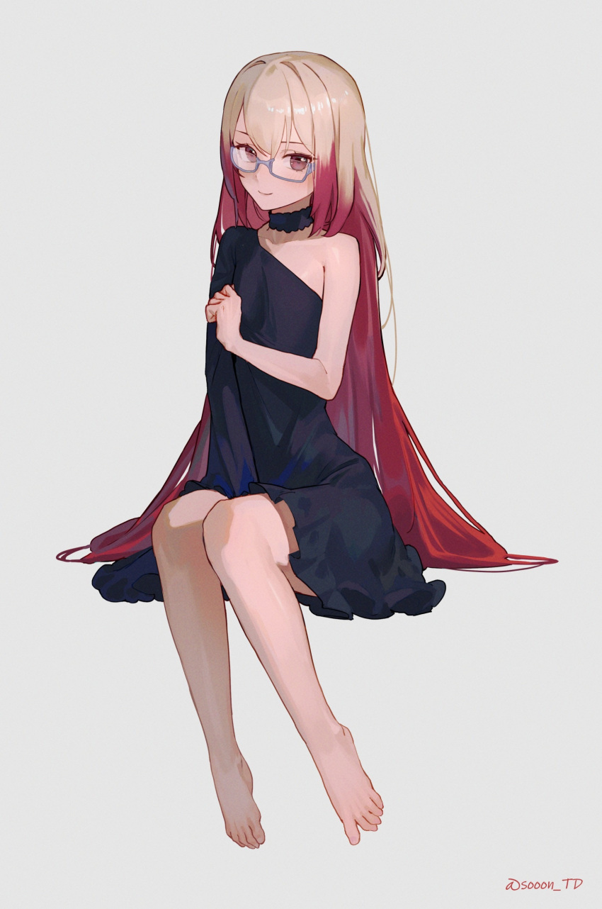 1girl, absurdres, asymmetrical_sleeves, bangs, bare_arms, bare_legs, barefoot, black_choker