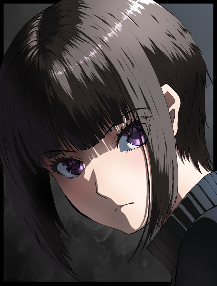 1girl, bangs, black_border, black_hair, blunt_bangs, border, closed_mouth, eyebrows_visible_through_hair