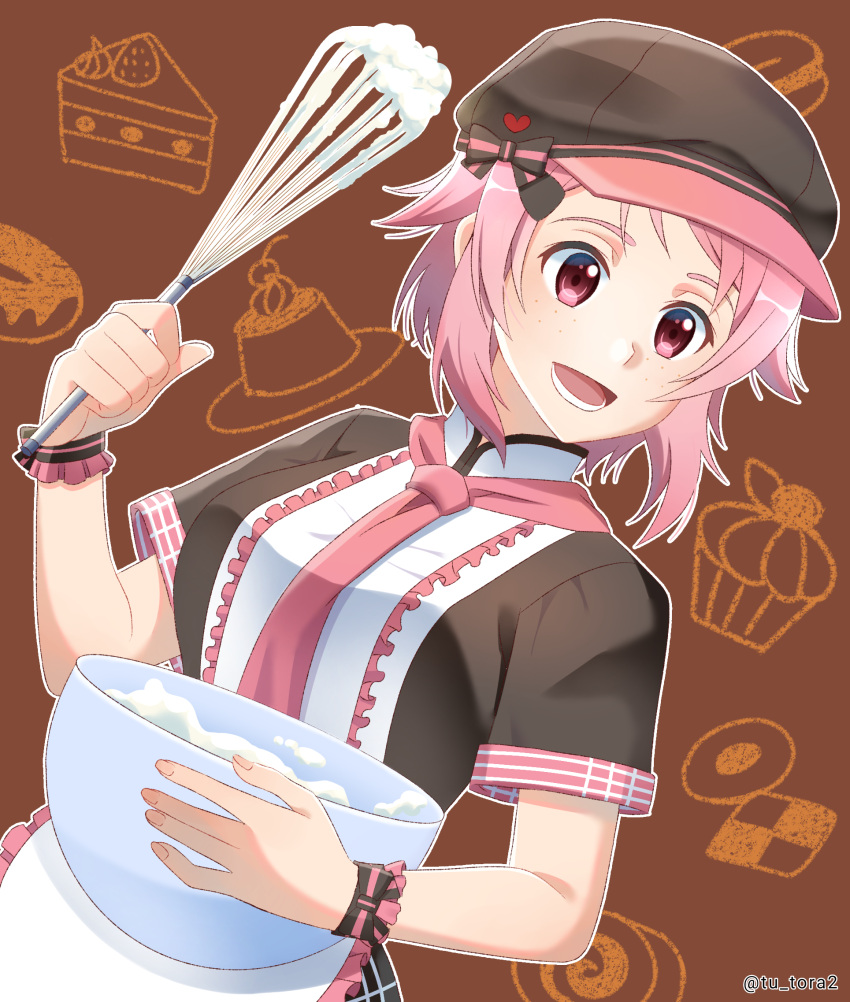 1girl, :d, apron, bow, brown_background, freckles, grey_headwear, grey_shirt