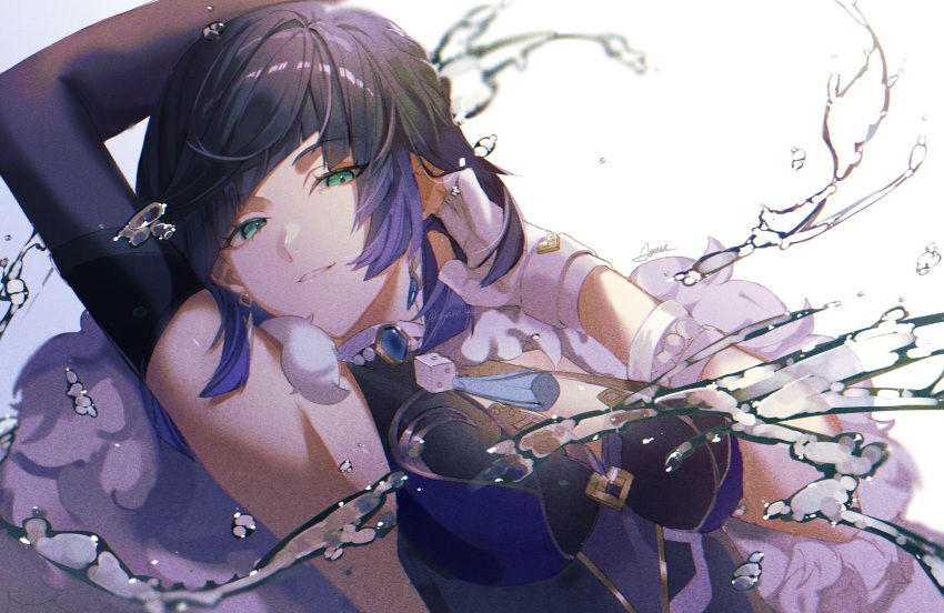 1girl, arm_up, armpits, asymmetrical_gloves, asymmetrical_sleeves, ayase_444, bangs, black_hair