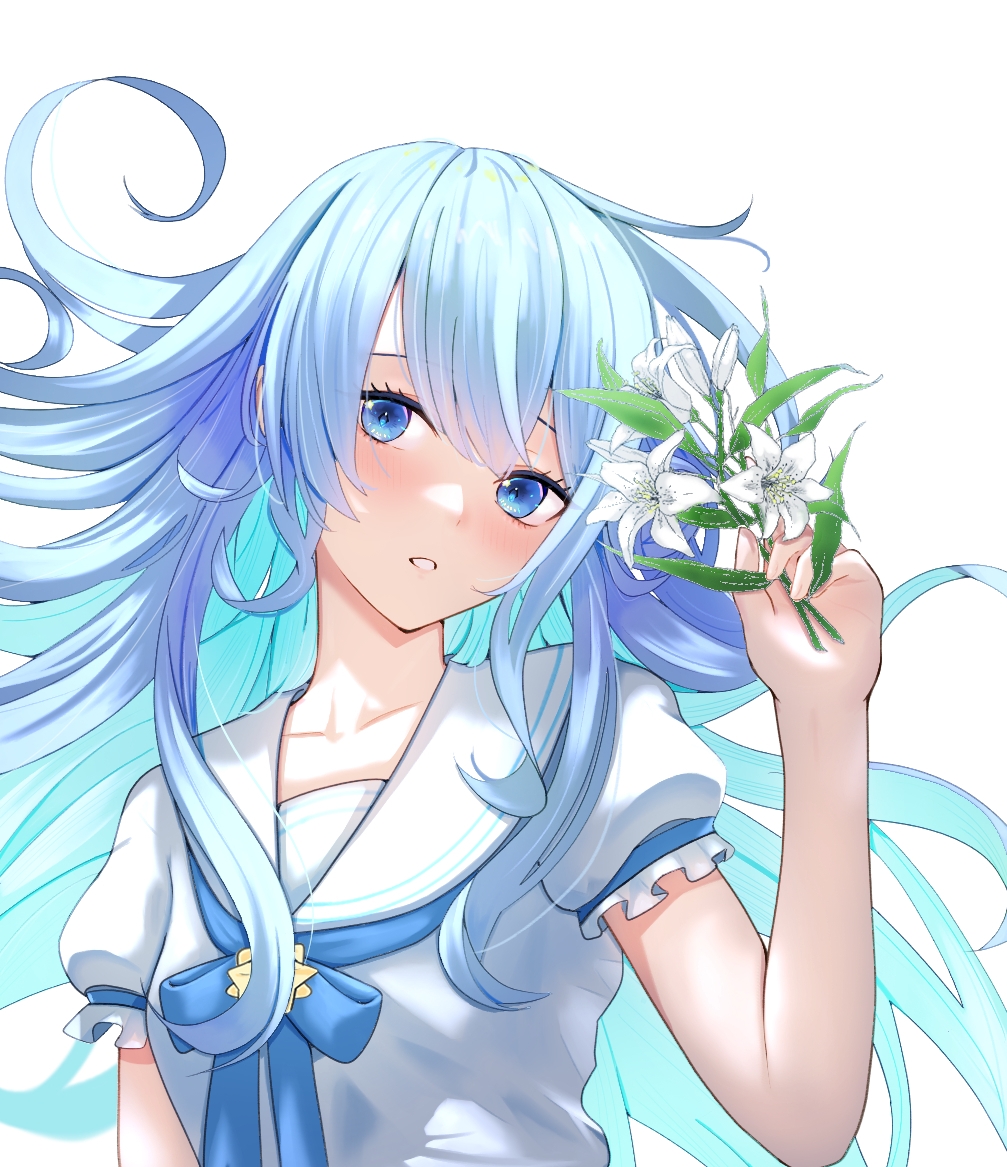 1girl, bangs, blue_eyes, blue_hair, blue_neckerchief, blush, collarbone, collared_shirt