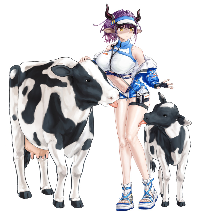 1girl, animal_ears, arknights, bangs, bare_legs, bare_shoulders, bikini, black_gloves, blue_jacket, breasts, chinese_commentary, commentary_request, cow, fingerless_gloves, full_body, gloves, highres, jacket, large_breasts, licking, licking_thigh, long_sleeves, navel, off_shoulder, official_alternate_costume, purple_hair, short_hair, sideroca_(arknights), sideroca_(light_breeze)_(arknights), simple_background, solo, standing, stomach, swimsuit, thigh_strap, thighs, uep, visor_cap, white_background, white_bikini, white_footwear, yellow_eyes