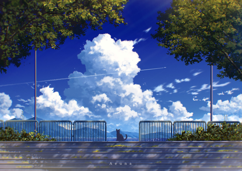 aeuna, blue_sky, bush, cat, clouds, contrail, cumulonimbus_cloud, dappled_sunlight