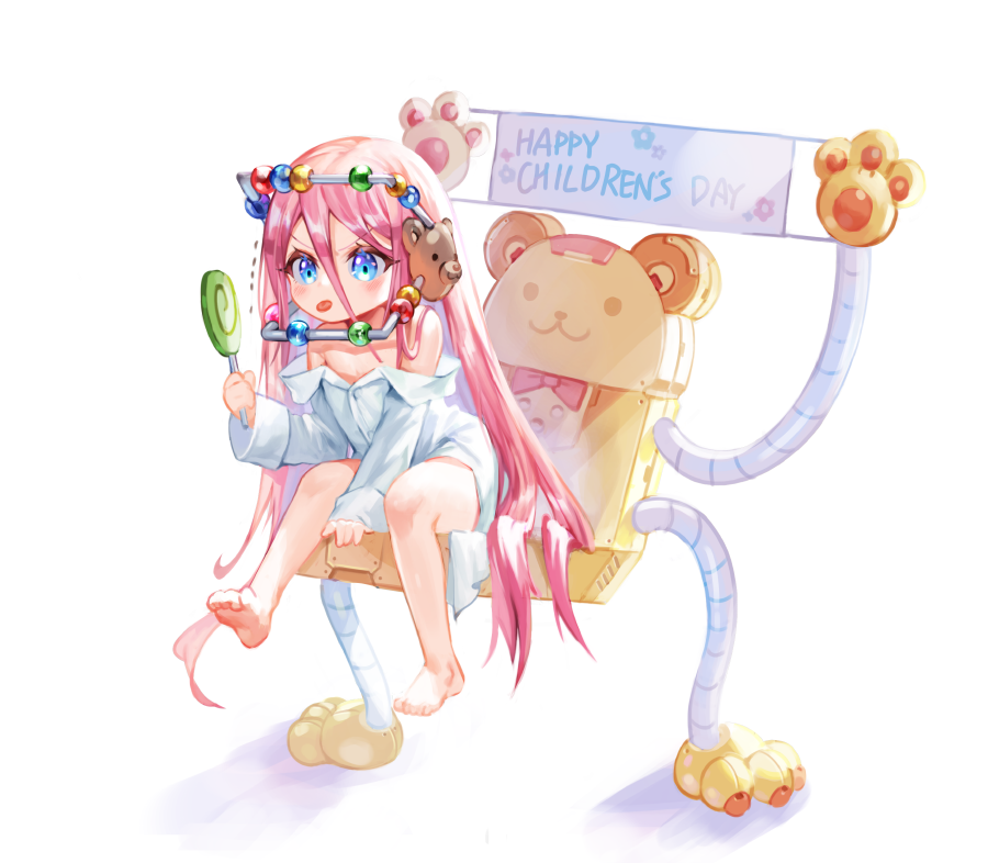 1girl, arm_between_legs, bare_shoulders, barefoot, blue_eyes, blush, candy, chair